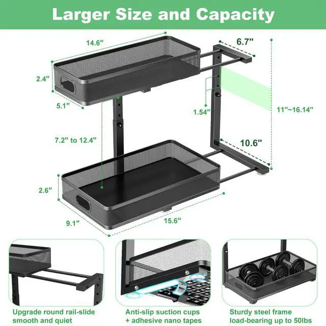 Alt view image 4 of 7 - Under Sink Organizer 2 Pack, High Adjustable 2 Tier Under Sink Organizers and Storage, Slide out Metal Cabinet Organizers, Pull out Storage Drawer Shelf for Kitchen Bathroom Cabinet (Black)