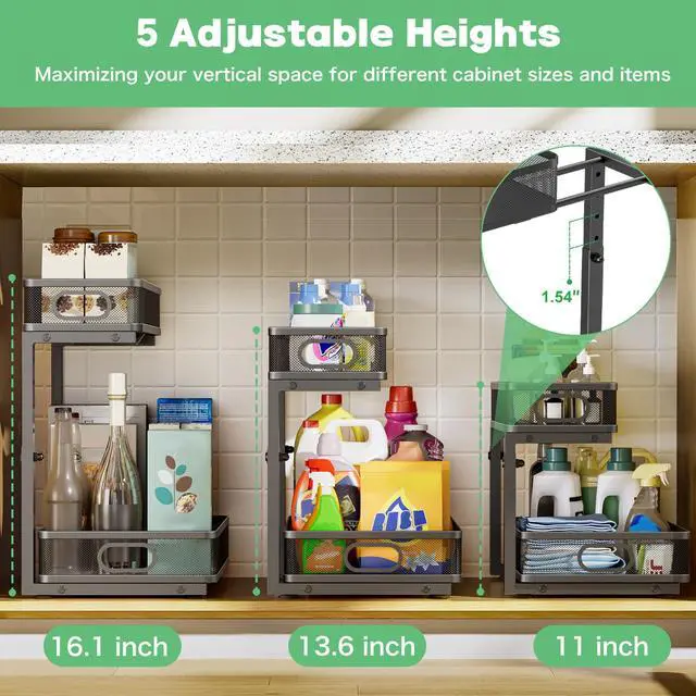 Alt view image 5 of 7 - Under Sink Organizer 2 Pack, High Adjustable 2 Tier Under Sink Organizers and Storage, Slide out Metal Cabinet Organizers, Pull out Storage Drawer Shelf for Kitchen Bathroom Cabinet (Black)