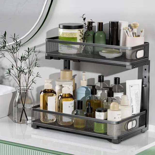 Alt view image 7 of 7 - Under Sink Organizer 2 Pack, High Adjustable 2 Tier Under Sink Organizers and Storage, Slide out Metal Cabinet Organizers, Pull out Storage Drawer Shelf for Kitchen Bathroom Cabinet (Black)