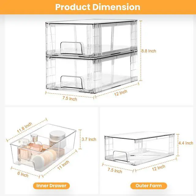 Alt view image 4 of 7 - 4 Pack Stackable Storage Drawers with Handles, Easy Assembly Clear Acrylic Fridge Organizer, Refrigerator Organizers and Storage for Kitchen, Under Sink, Pantry, Bathroom