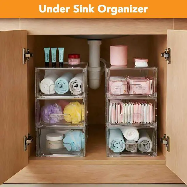 Alt view image 7 of 7 - 4 Pack Stackable Storage Drawers with Handles, Easy Assembly Clear Acrylic Fridge Organizer, Refrigerator Organizers and Storage for Kitchen, Under Sink, Pantry, Bathroom