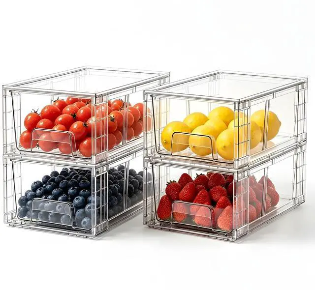 Main image of 4 Pack Stackable Storage Drawers with Handles, Easy Assembly Clear Acrylic Fridge Organizer, Refrigerator Organizers and Storage for Kitchen, Under Sink, Pantry, Bathroom