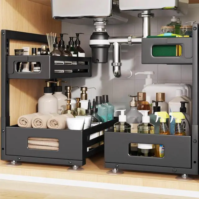 Main image of 2 Pack Under Sink Organizer,Pull Out Cabinet Organizer with Smooth Cylindrical Rail,Metal Slide Out Drawer for Kitchen Bathroom Laundry Cabinet,8-Level Tool Free Height Adjustable-Black