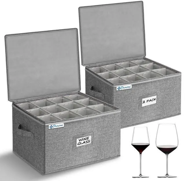 Main image of Wine Glass Storage Box, Glassware China Storage Containers w/Hard Shell Side Bottom Support & Padded Dividers, Stackable Stemware Storage Case for 24 Crystal Glasses Drinkware, Moving Supplies