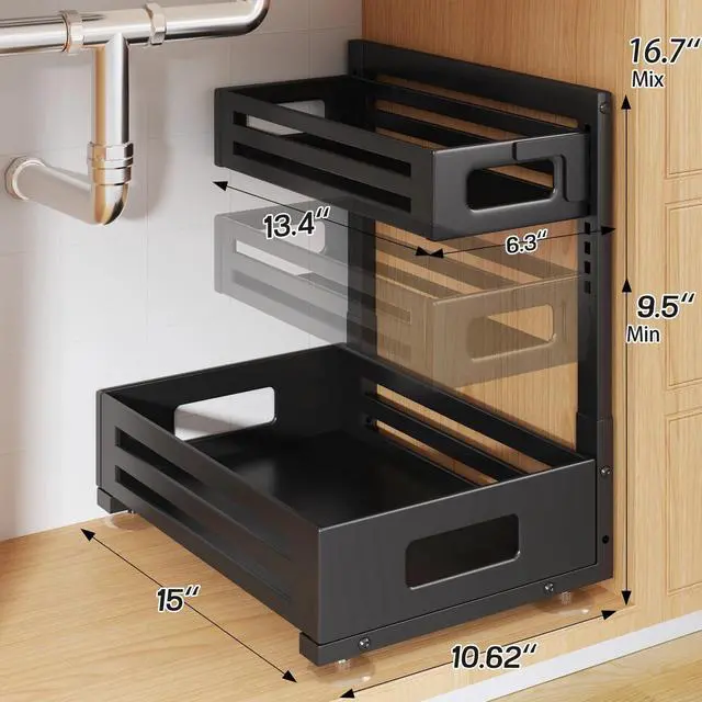 Alt view image 2 of 7 - 2 Pack Under Sink Organizer,Pull Out Cabinet Organizer with Smooth Cylindrical Rail,Metal Slide Out Drawer for Kitchen Bathroom Laundry Cabinet,8-Level Tool Free Height Adjustable-Black