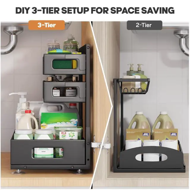 Alt view image 4 of 7 - 2 Pack Under Sink Organizer,Pull Out Cabinet Organizer with Smooth Cylindrical Rail,Metal Slide Out Drawer for Kitchen Bathroom Laundry Cabinet,8-Level Tool Free Height Adjustable-Black