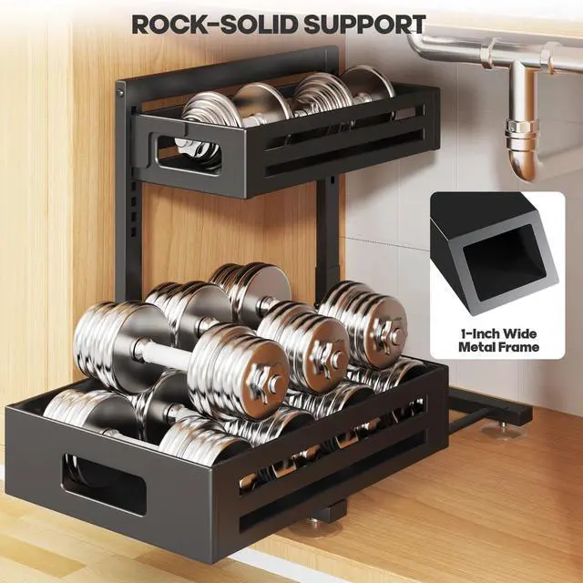 Alt view image 5 of 7 - 2 Pack Under Sink Organizer,Pull Out Cabinet Organizer with Smooth Cylindrical Rail,Metal Slide Out Drawer for Kitchen Bathroom Laundry Cabinet,8-Level Tool Free Height Adjustable-Black