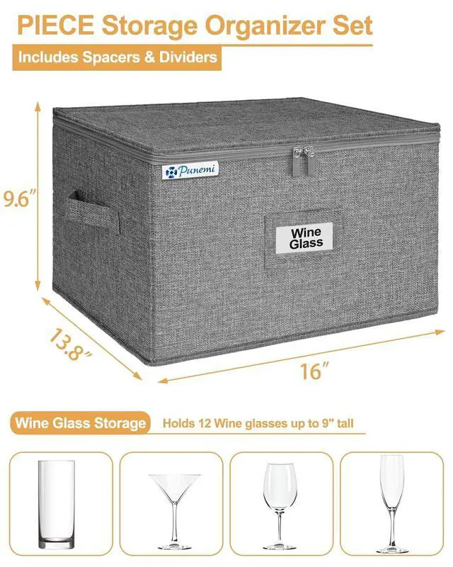 Alt view image 4 of 7 - Wine Glass Storage Box, Glassware China Storage Containers w/Hard Shell Side Bottom Support & Padded Dividers, Stackable Stemware Storage Case for 24 Crystal Glasses Drinkware, Moving Supplies