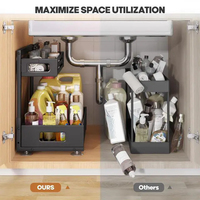 Alt view image 6 of 7 - 2 Pack Under Sink Organizer,Pull Out Cabinet Organizer with Smooth Cylindrical Rail,Metal Slide Out Drawer for Kitchen Bathroom Laundry Cabinet,8-Level Tool Free Height Adjustable-Black