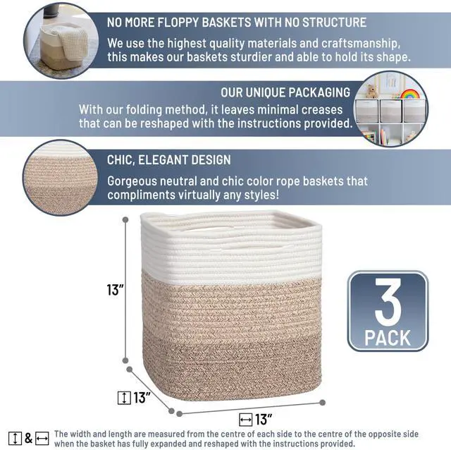 Alt view image 2 of 7 - 13 Inch Cube Storage Bins Cotton Rope Woven Baskets for Organizing 3-Pack | 13 x 13 Storage Cubes | Fabric Square Storage Baskets for Shelves Organizer, Kids Toy Bins, Closet Baby Nursery
