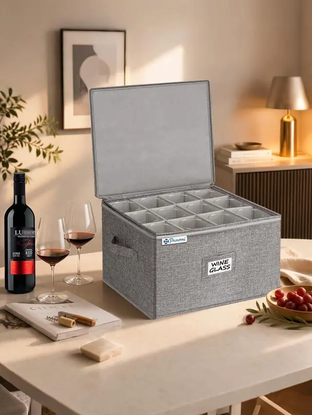 Alt view image 6 of 7 - Wine Glass Storage Box, Glassware China Storage Containers w/Hard Shell Side Bottom Support & Padded Dividers, Stackable Stemware Storage Case for 24 Crystal Glasses Drinkware, Moving Supplies