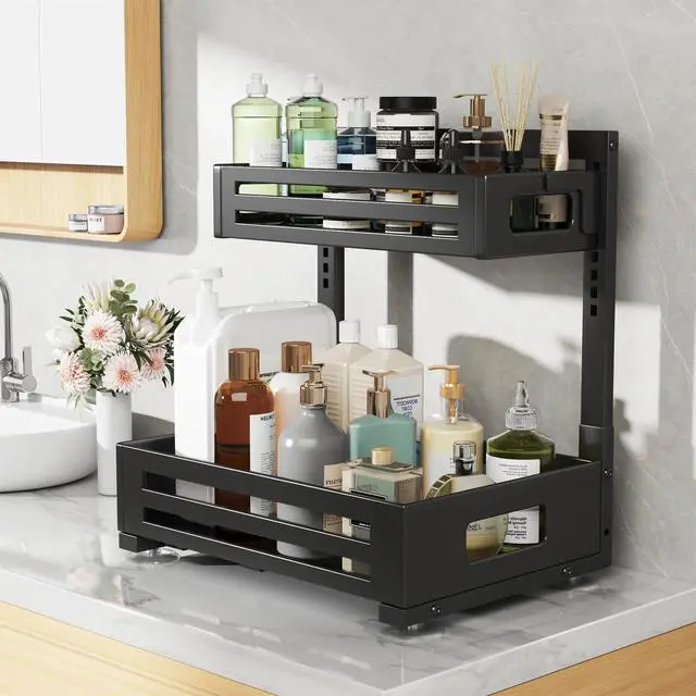 Alt view image 7 of 7 - 2 Pack Under Sink Organizer,Pull Out Cabinet Organizer with Smooth Cylindrical Rail,Metal Slide Out Drawer for Kitchen Bathroom Laundry Cabinet,8-Level Tool Free Height Adjustable-Black