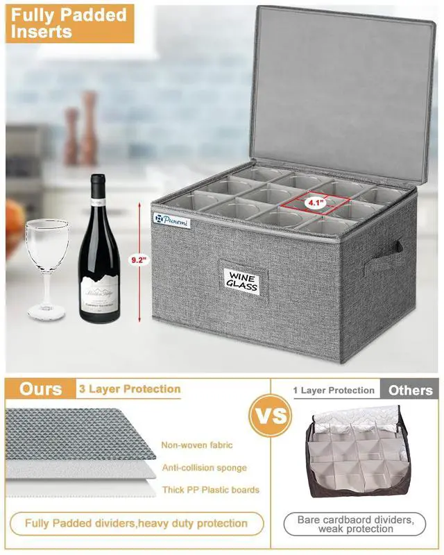 Alt view image 5 of 7 - Wine Glass Storage Box, Glassware China Storage Containers w/Hard Shell Side Bottom Support & Padded Dividers, Stackable Stemware Storage Case for 24 Crystal Glasses Drinkware, Moving Supplies