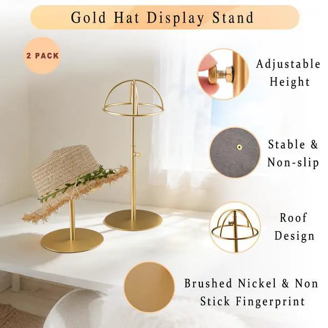 Alt view image 6 of 7 - Hat Display Stand 2PCS Stainless Steel Brushed Nickel Titanium Hat Stand Metal Golden Adjustable Height Cap Rack Showcase Fingerprint Resistant for Home Boutique Retail Store