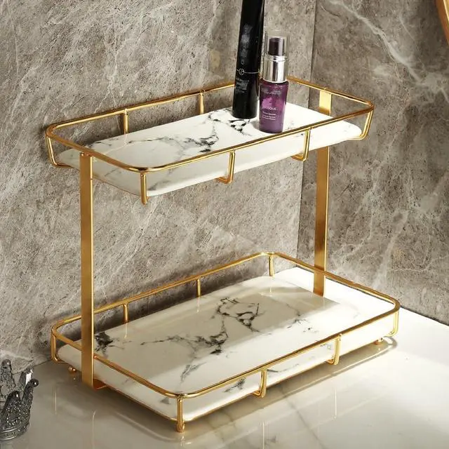 Main image of Bathroom Organizer Countertop Perfume Organizer Makeup Organizer Cosmetics Storage Display Rack Vanity Tray Dresser Stainless Steel Gold Shelf White Marble Ceramic Tray