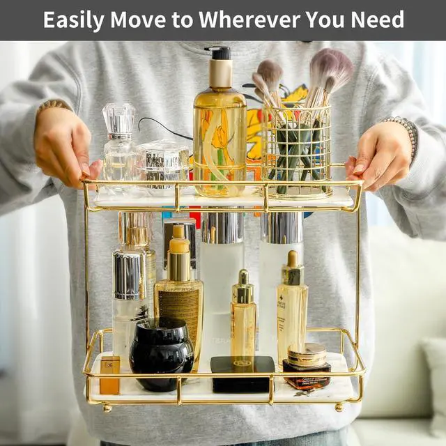 Alt view image 3 of 7 - Bathroom Organizer Countertop Perfume Organizer Makeup Organizer Cosmetics Storage Display Rack Vanity Tray Dresser Stainless Steel Gold Shelf White Marble Ceramic Tray