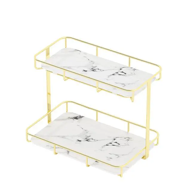 Alt view image 4 of 7 - Bathroom Organizer Countertop Perfume Organizer Makeup Organizer Cosmetics Storage Display Rack Vanity Tray Dresser Stainless Steel Gold Shelf White Marble Ceramic Tray