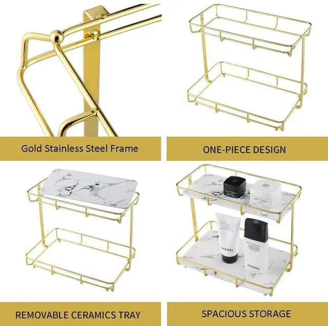 Alt view image 5 of 7 - Bathroom Organizer Countertop Perfume Organizer Makeup Organizer Cosmetics Storage Display Rack Vanity Tray Dresser Stainless Steel Gold Shelf White Marble Ceramic Tray