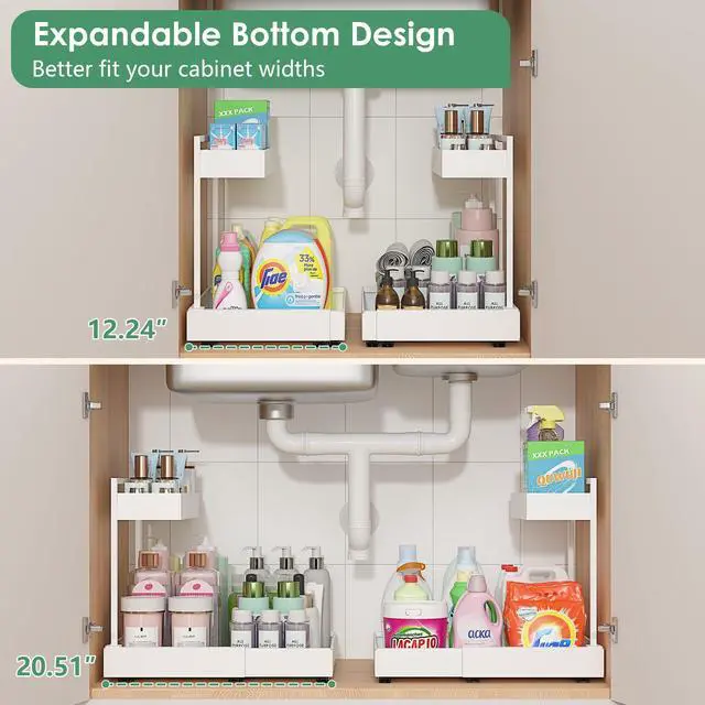 Alt view image 2 of 7 - Expandable Under Sink Organizer with 6-Level Height Adjustment & Expandable Width, Pull-Out Cabinet Storage Rack with Quiet Sliding Rails for Kitchen, Bathroom, Laundry Room Cabinets, White