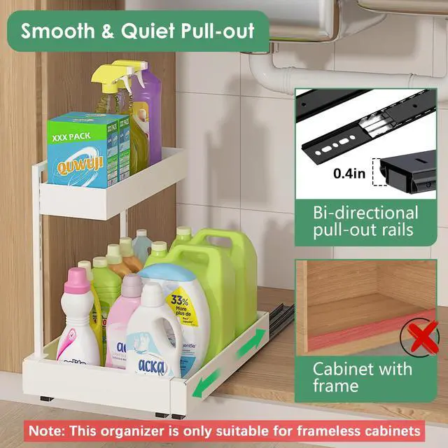 Alt view image 3 of 7 - Expandable Under Sink Organizer with 6-Level Height Adjustment & Expandable Width, Pull-Out Cabinet Storage Rack with Quiet Sliding Rails for Kitchen, Bathroom, Laundry Room Cabinets, White