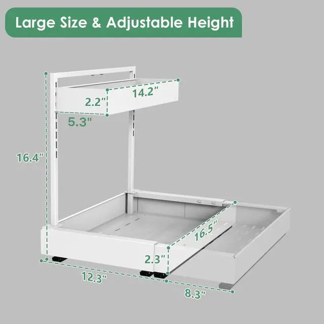 Alt view image 5 of 7 - Expandable Under Sink Organizer with 6-Level Height Adjustment & Expandable Width, Pull-Out Cabinet Storage Rack with Quiet Sliding Rails for Kitchen, Bathroom, Laundry Room Cabinets, White
