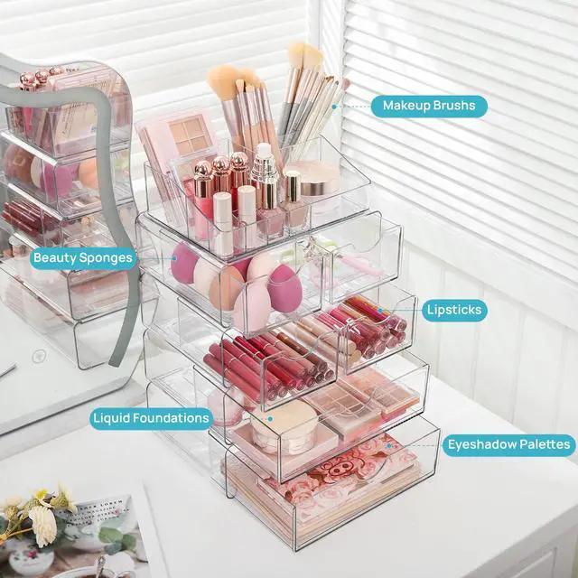 Alt view image 2 of 7 - 5 Tier Clear Makeup Organizer with Drawer, Cosmetic Storage for Dresser Countertop and Bathroom Vanity, Beauty Holder for Lipstick Brush Skincare