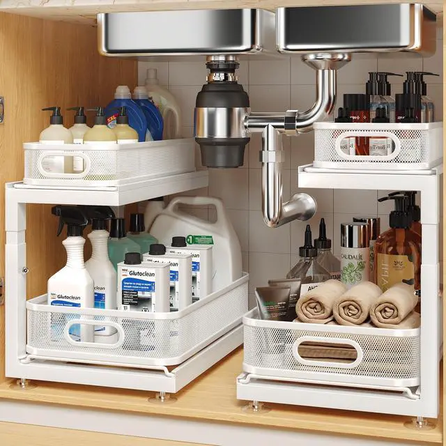 Main image of 2-Pack Under Sink Storage Organizer with 2-Tier Slide Out Drawer, Sophisticated Mesh Pull Out Shelf for Kitchen & Bathroom, Fits Small Items, Upgraded Arched Track for Smooth Gliding(Patented)