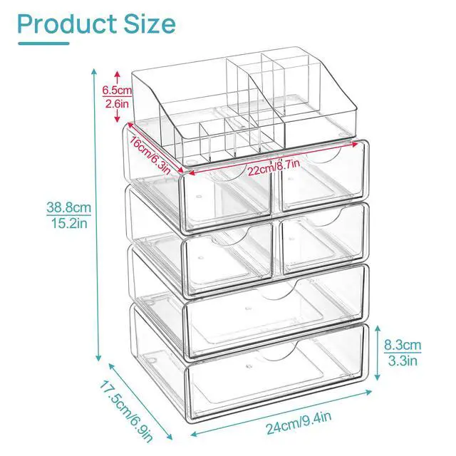 Alt view image 4 of 7 - 5 Tier Clear Makeup Organizer with Drawer, Cosmetic Storage for Dresser Countertop and Bathroom Vanity, Beauty Holder for Lipstick Brush Skincare