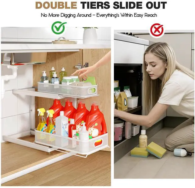 Alt view image 4 of 7 - 2-Pack Under Sink Storage Organizer with 2-Tier Slide Out Drawer, Sophisticated Mesh Pull Out Shelf for Kitchen & Bathroom, Fits Small Items, Upgraded Arched Track for Smooth Gliding(Patented)