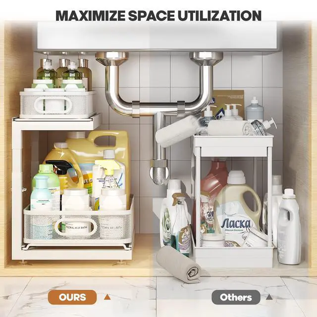 Alt view image 5 of 7 - 2-Pack Under Sink Storage Organizer with 2-Tier Slide Out Drawer, Sophisticated Mesh Pull Out Shelf for Kitchen & Bathroom, Fits Small Items, Upgraded Arched Track for Smooth Gliding(Patented)