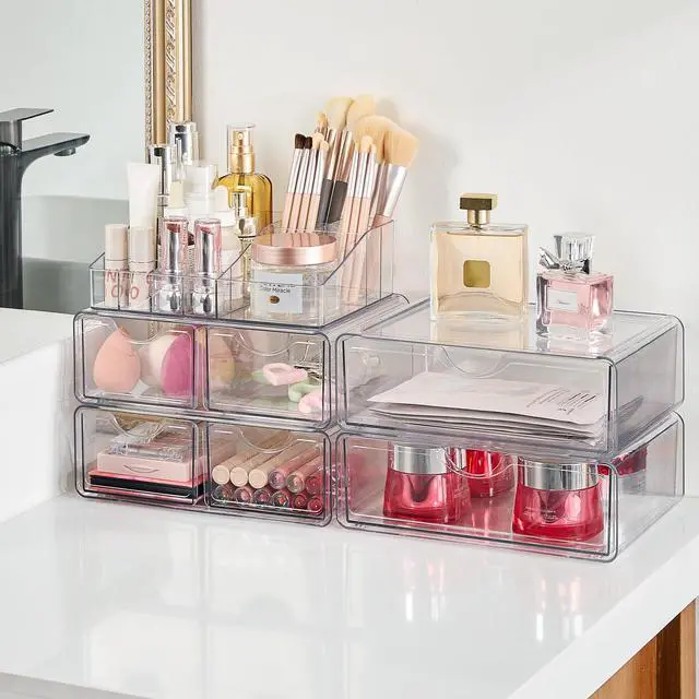 Alt view image 5 of 7 - 5 Tier Clear Makeup Organizer with Drawer, Cosmetic Storage for Dresser Countertop and Bathroom Vanity, Beauty Holder for Lipstick Brush Skincare