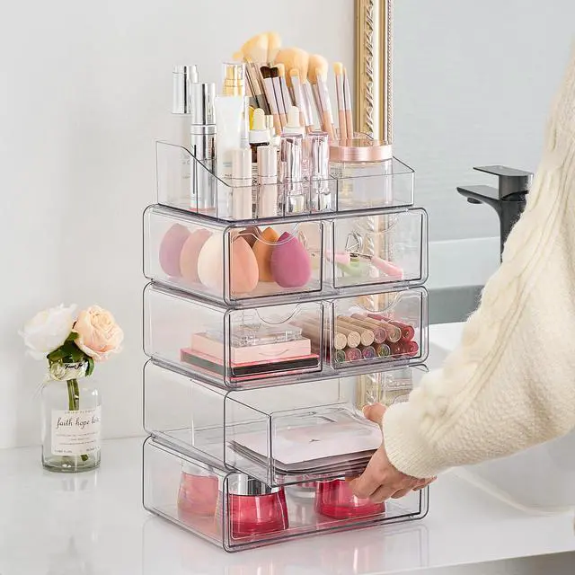 Alt view image 7 of 7 - 5 Tier Clear Makeup Organizer with Drawer, Cosmetic Storage for Dresser Countertop and Bathroom Vanity, Beauty Holder for Lipstick Brush Skincare