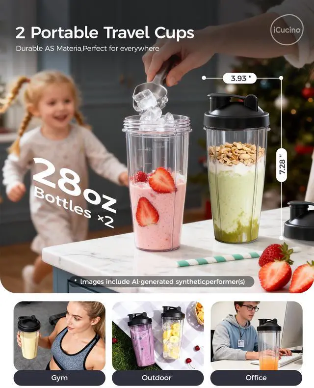 Alt view image 5 of 7 - Smoothie Blender, Personal Blender for Shakes and Smoothies, 700W Pulse Technology Single Serve Blenders with 2 x 28oz Protable Cups for Ice Crush, Frozen Fruit Drinks