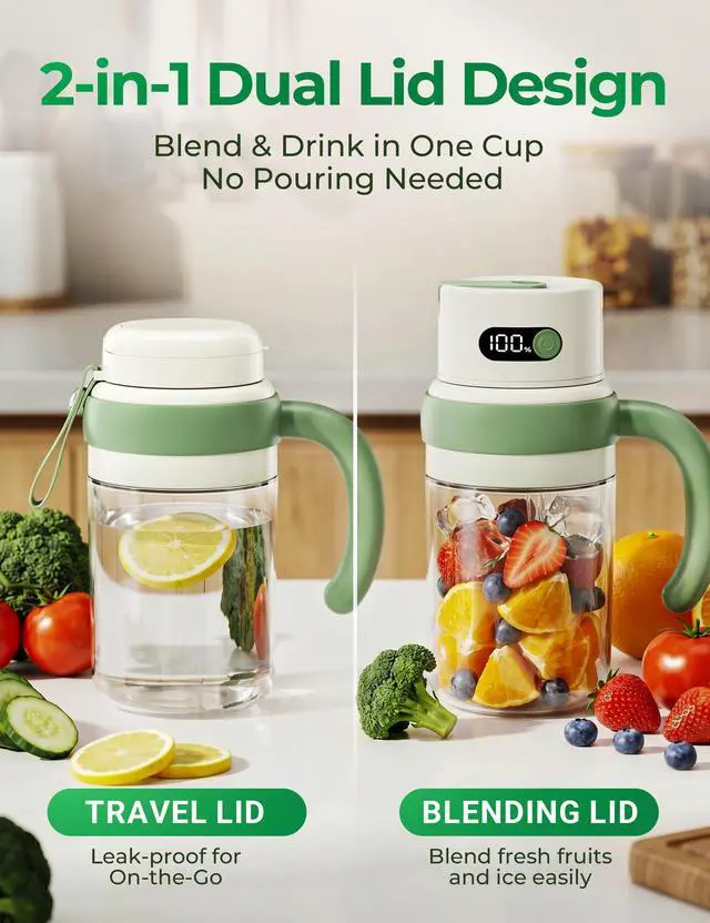 Alt view image 2 of 7 - Portable Juicer Cup with LED Display, USB-C Rechargeable Personal Blender, Travel Smoothie Maker with Dual Lid, Stainless Steel Blade for Fruit Drinks, Protein Shakes & Small Ice Cubes (green)
