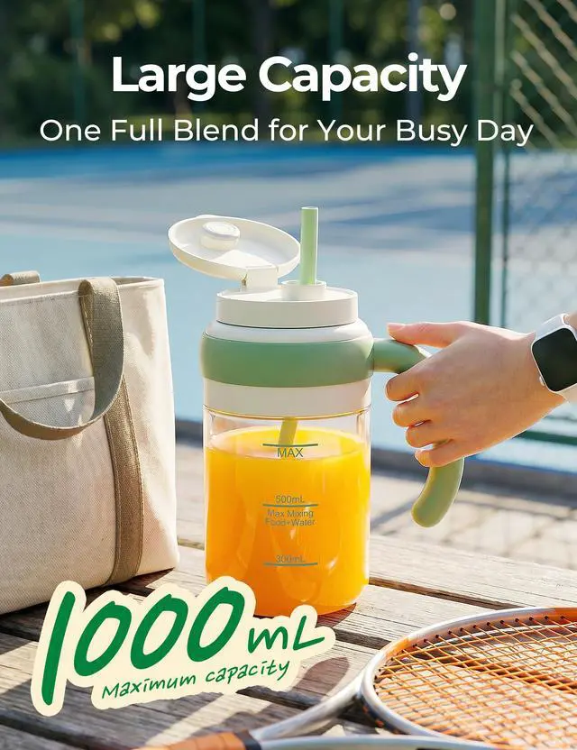 Alt view image 4 of 7 - Portable Juicer Cup with LED Display, USB-C Rechargeable Personal Blender, Travel Smoothie Maker with Dual Lid, Stainless Steel Blade for Fruit Drinks, Protein Shakes & Small Ice Cubes (green)