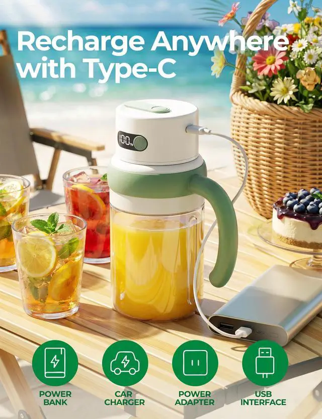 Alt view image 5 of 7 - Portable Juicer Cup with LED Display, USB-C Rechargeable Personal Blender, Travel Smoothie Maker with Dual Lid, Stainless Steel Blade for Fruit Drinks, Protein Shakes & Small Ice Cubes (green)