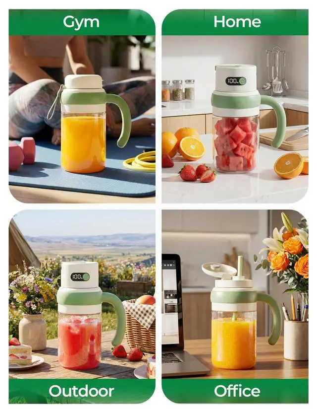 Alt view image 7 of 7 - Portable Juicer Cup with LED Display, USB-C Rechargeable Personal Blender, Travel Smoothie Maker with Dual Lid, Stainless Steel Blade for Fruit Drinks, Protein Shakes & Small Ice Cubes (green)