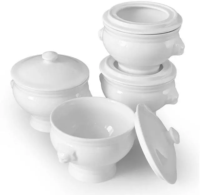 Main image of Ceramic 12 oz Set of 4 Lion Head Porcelain Soup Bowls With Lid Cover White Microwave Dishwasher Safe Fruit Home Kitchen Sturdy Design