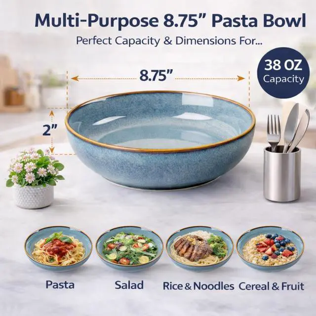 Alt view image 3 of 7 - 8.75'' Large Ceramic Pasta Bowls, 38oz Stoneware Pasta Serving Bowls Set of 4 for Kitchen, Wide Bowls for Fruit,Pasta,Salad,Oatmeal,Meal, Microwave Safe, Reactive Glaze-Space Blue