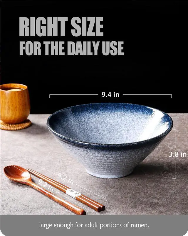 Alt view image 2 of 7 - Ceramic Japanese Ramen Bowls, 2 Sets (6 Piece) 60 Ounce, Large Noodle Soup Bowl with Matching Chopsticks and Spoons for Asian Pho Udon Soba, Blue