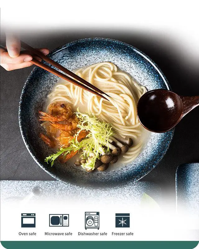 Alt view image 4 of 7 - Ceramic Japanese Ramen Bowls, 2 Sets (6 Piece) 60 Ounce, Large Noodle Soup Bowl with Matching Chopsticks and Spoons for Asian Pho Udon Soba, Blue
