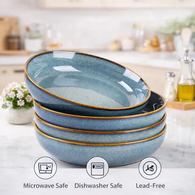 Alt view image 4 of 7 - 8.75'' Large Ceramic Pasta Bowls, 38oz Stoneware Pasta Serving Bowls Set of 4 for Kitchen, Wide Bowls for Fruit,Pasta,Salad,Oatmeal,Meal, Microwave Safe, Reactive Glaze-Space Blue