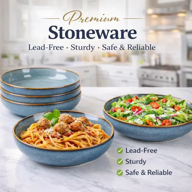 Alt view image 6 of 7 - 8.75'' Large Ceramic Pasta Bowls, 38oz Stoneware Pasta Serving Bowls Set of 4 for Kitchen, Wide Bowls for Fruit,Pasta,Salad,Oatmeal,Meal, Microwave Safe, Reactive Glaze-Space Blue