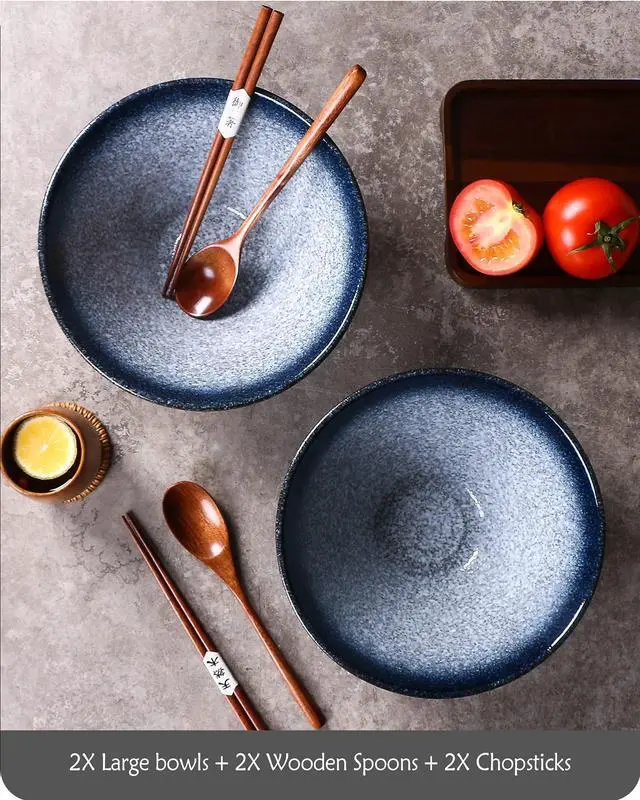 Alt view image 3 of 7 - Ceramic Japanese Ramen Bowls, 2 Sets (6 Piece) 60 Ounce, Large Noodle Soup Bowl with Matching Chopsticks and Spoons for Asian Pho Udon Soba, Blue
