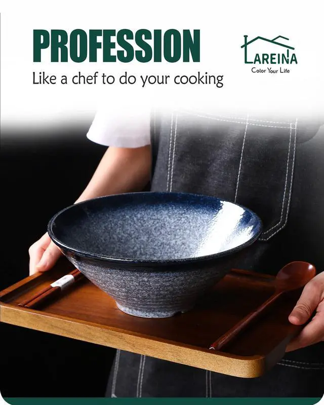 Alt view image 5 of 7 - Ceramic Japanese Ramen Bowls, 2 Sets (6 Piece) 60 Ounce, Large Noodle Soup Bowl with Matching Chopsticks and Spoons for Asian Pho Udon Soba, Blue