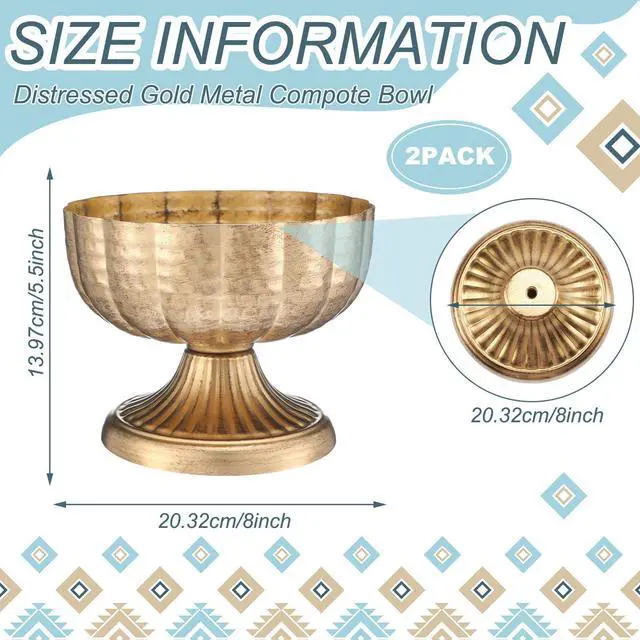Alt view image 2 of 7 - 2 Pcs Distressed Gold Metal Compote Bowl 8" Wide Gold Compote Vase Flower Fruits Plant Holder Centerpieces for Wedding Birthday Party Anniversary Indoor Outdoor Activity for Most Event