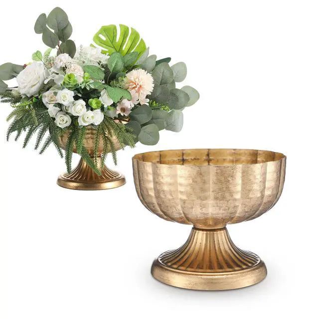 Alt view image 7 of 7 - 2 Pcs Distressed Gold Metal Compote Bowl 8" Wide Gold Compote Vase Flower Fruits Plant Holder Centerpieces for Wedding Birthday Party Anniversary Indoor Outdoor Activity for Most Event