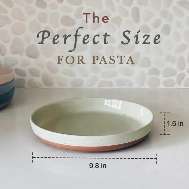 Alt view image 2 of 7 - Ceramic Flat Pasta Bowl Set of 4-35oz, Microwave Safe Plate with High Edge - Modern Porcelain Dinnerware for Kitchen and Eating, Large Wide Bowls/Plates for Serving Dinner, Salad, etc- Neutrals