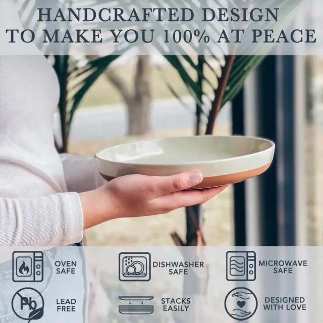 Alt view image 3 of 7 - Ceramic Flat Pasta Bowl Set of 4-35oz, Microwave Safe Plate with High Edge - Modern Porcelain Dinnerware for Kitchen and Eating, Large Wide Bowls/Plates for Serving Dinner, Salad, etc- Neutrals
