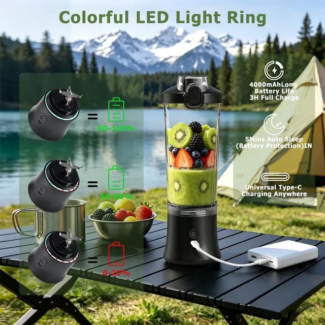 Alt view image 5 of 7 - Portable Blender, USB-C Rechargeable Personal Blender for Shakes and Smoothies, 2o oz Leakproof Travel Cup with Pulse Mode & LED Light, BPA Free, Cordless for Home Gym Office Travel, Black